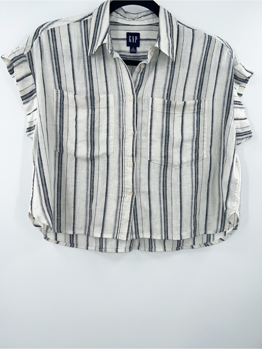 GAP NWT Linen-Blend Cropped Shirt in Natural Stripe size XS Petite - Picture 3 of 9